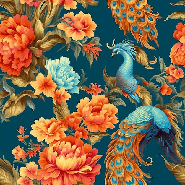 A blue background with a pattern of flowers and peacocks.