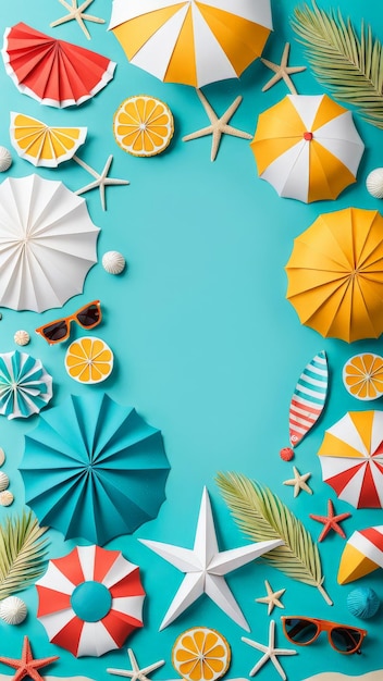 a blue background with a picture of umbrellas and beach umbrellas