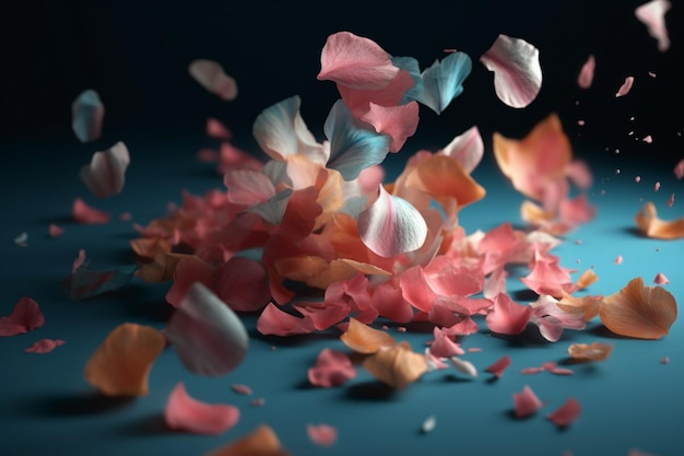 A blue background with pink and blue petals falling from a flower petals.