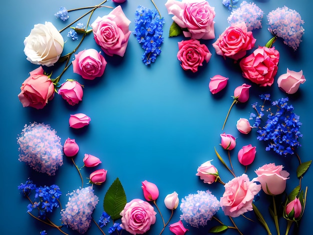 Blue background with pink and white flowers and a blue background