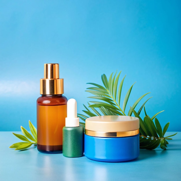 a blue background with a plant and a bottle of lotion