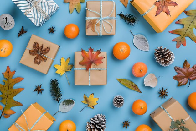 Photo blue background with presents oranges pine cones and leaves