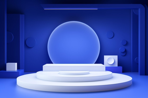 Blue background with a product podium surrounded