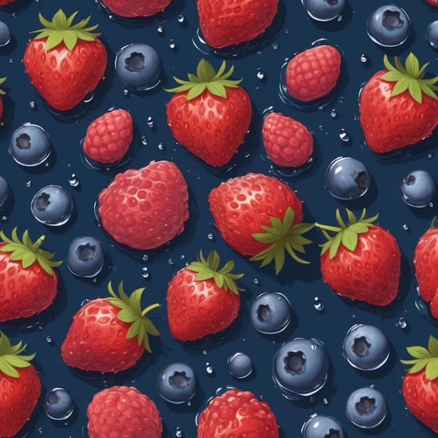 a blue background with raspberries and blueberries