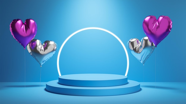 blue background with realistic cylinder pedestal podium with flying hearts balloon