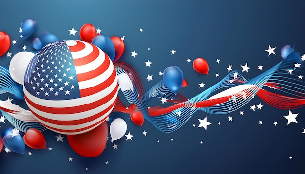 a blue background with red white and blue balloons and stars