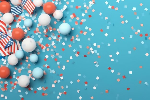 A blue background with red, white, and blue confetti and a flag on it.