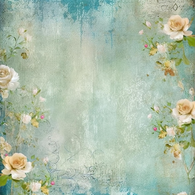 A blue background with roses and leaves.