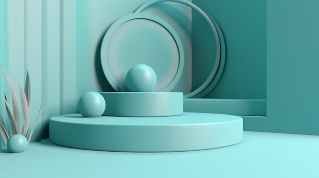 A blue background with a round object and three balls.