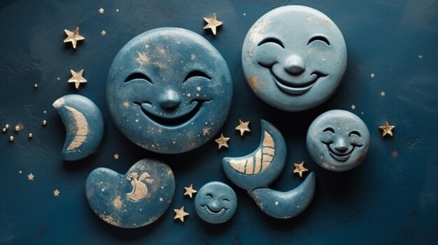 A blue background with smiling faces and stars.