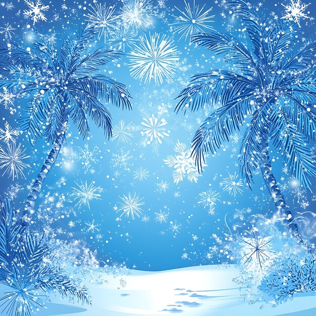 a blue background with snowflakes and palm trees