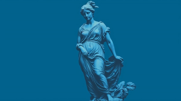 A blue background with a statue of a girl