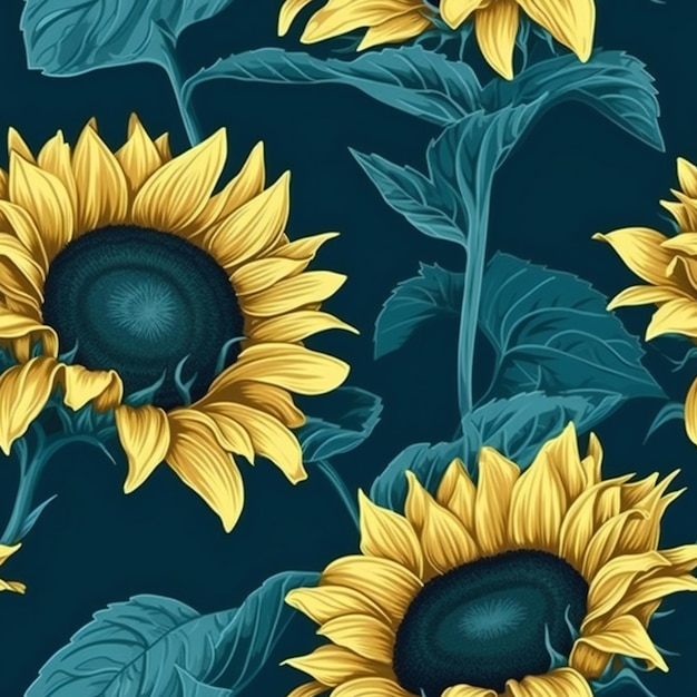 A blue background with a sunflowers and leaves.