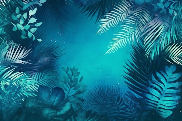 A blue background with tropical leaves and plants.