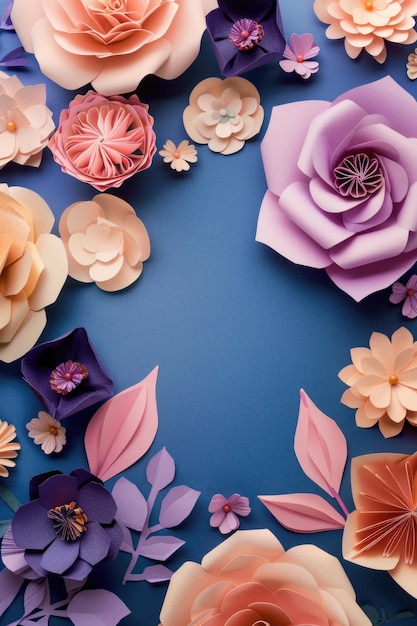 A blue background with a variety of colorful flowers and leaves