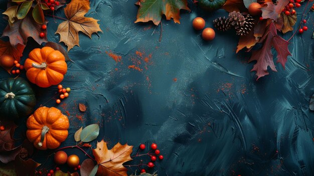 A blue background with a variety of fall foliage including leaves pumpkins