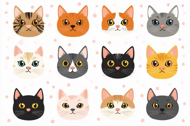 Photo blue background with various cat faces in different colors