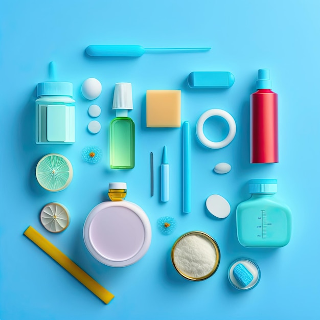 a blue background with various items including medicine, medicine, and medicine.