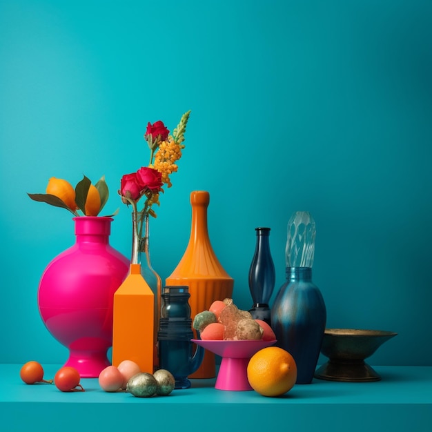 A blue background with a vase and flowers on it