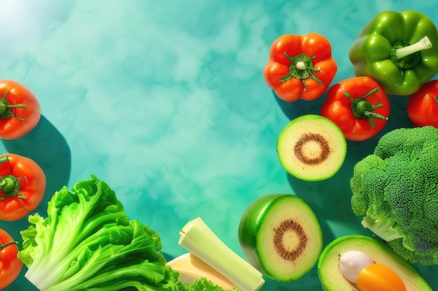 A blue background with vegetables and a blue background.