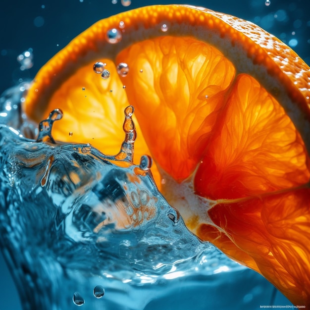 A blue background with a water splash and an orange slice being smashed.