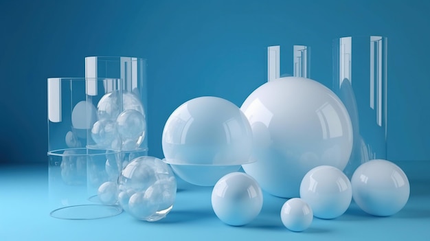 A blue background with white balls and glassware.