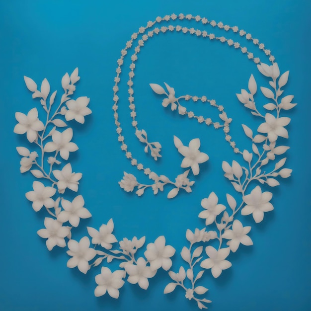 A blue background with white flowers and leaves.