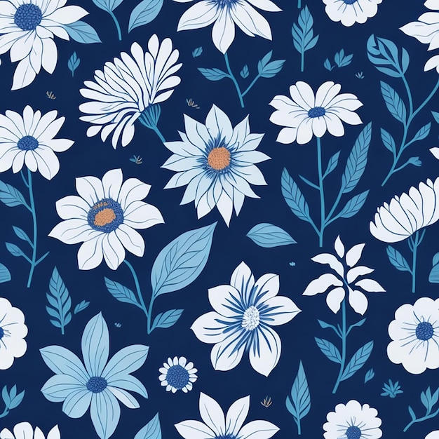 A blue background with white flowers and leaves.