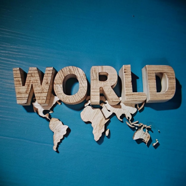 Photo a blue background with a world map and the word world on it