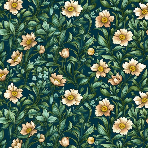 A blue background with yellow flowers and green leaves generative ai