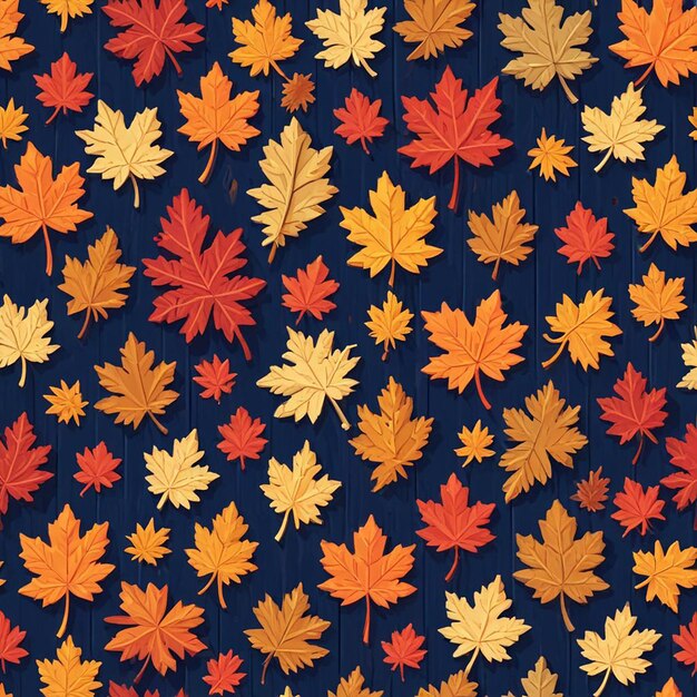 a blue background with yellow and orange leaves on it