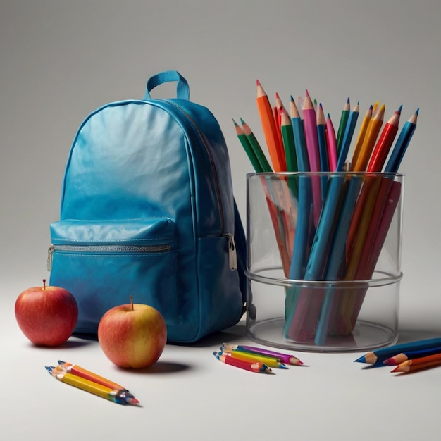 a blue backpack next to a cup of pencils and a cup of pencils