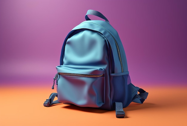 A blue backpack is on an orange and purple background