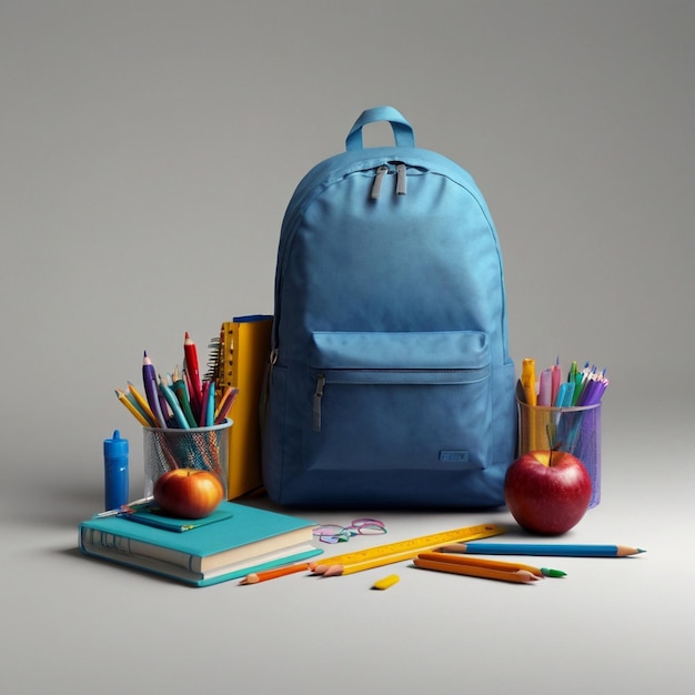 a blue backpack sits next to a book with pencils and pencils