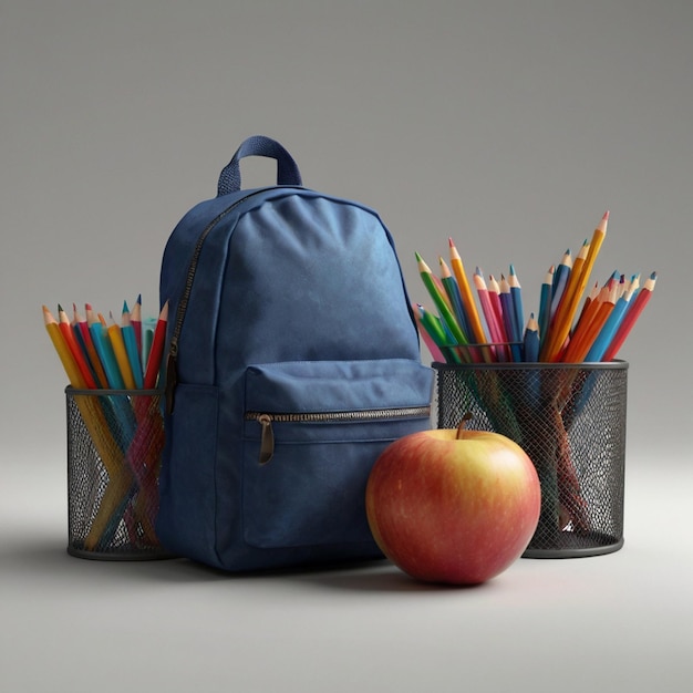 a blue backpack sits next to a cup of pencils and an apple