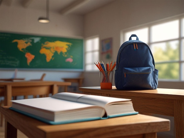 a blue backpack sits on a desk next to a book with the number 11 on it