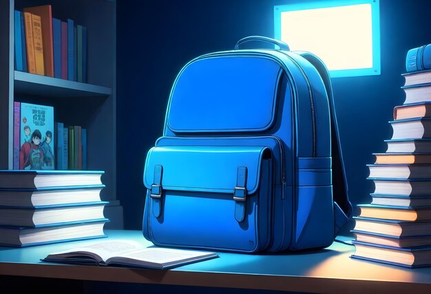 a blue backpack sits on a desk with books and a blue light on the top