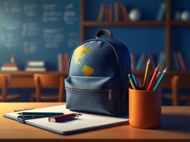 a blue backpack sits on a desk with a pencil and a cup of pencils in front of a chalkboard