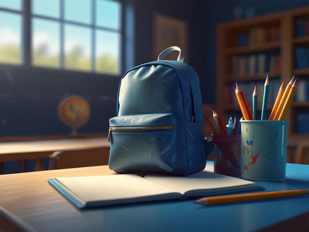 a blue backpack sits on a desk with a pencil and a cup of pens