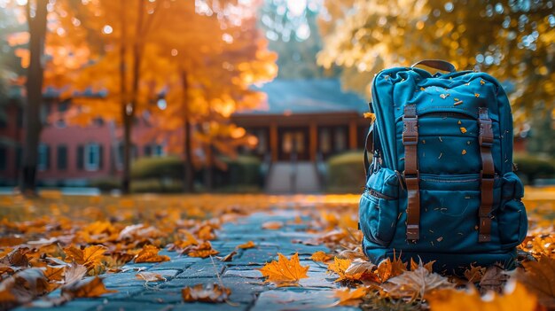 Photo a blue backpack sits on a stone walkway in front of a house