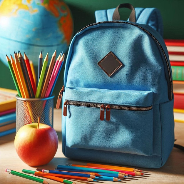 a blue backpack sits on a table next to a pencil and a pencil