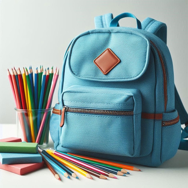 a blue backpack sits on a table next to a pencil and a pencil