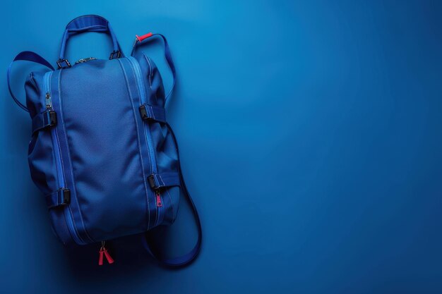 Photo blue backpack on a solid blue background highlighting its sleek design and functionality