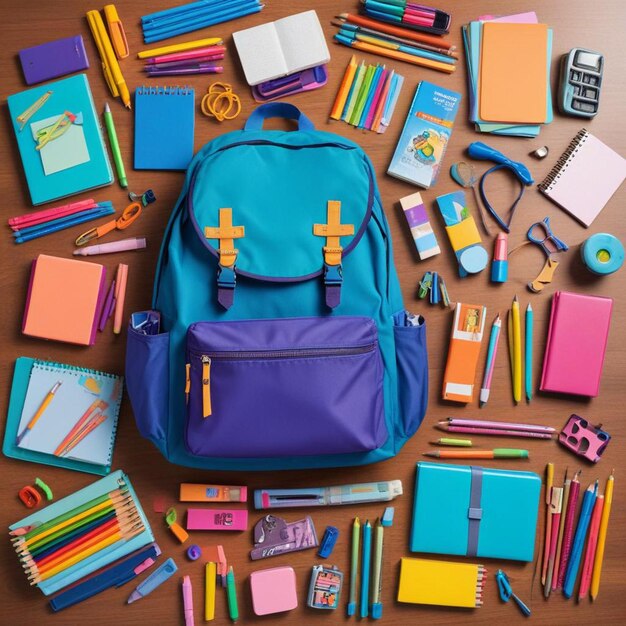 a blue backpack with a blue backpack on it sits on a wooden table with other items including a blue