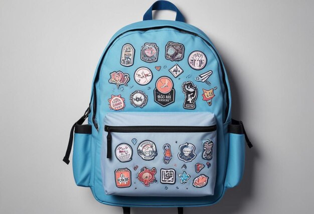 a blue backpack with a blue backpack that says hello kitty