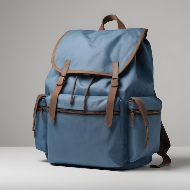 a blue backpack with a brown strap that says the word on it