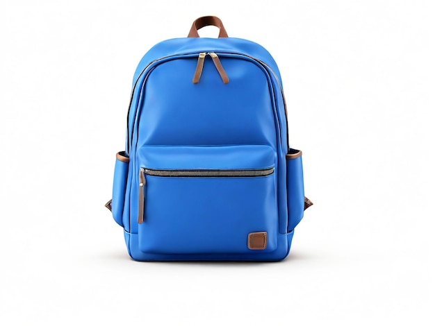 a blue backpack with a brown strap