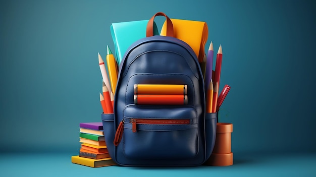 Blue backpack with colored school supplies on a blue background Back to school copy space AI