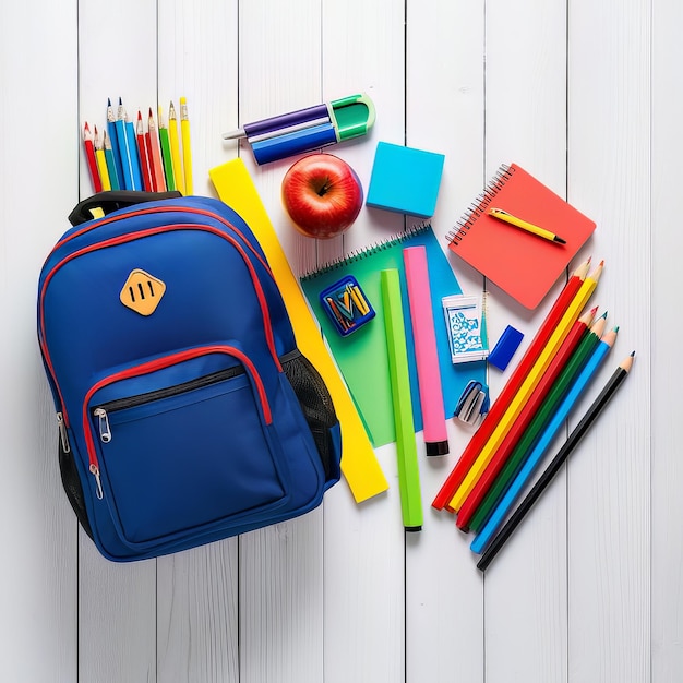 blue backpack with food clock and school equipment back to school