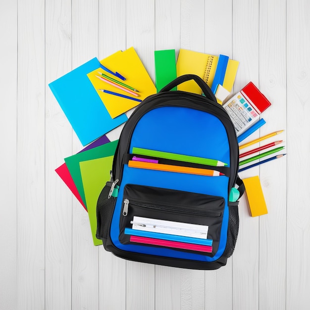 blue backpack with food clock and school equipment back to school